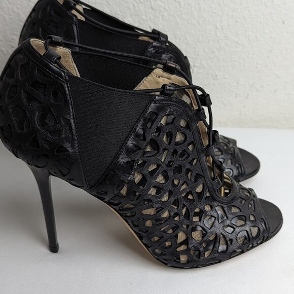 JIMMY CHOO Nappa/Shiny Fab Black Laser Cut Peep Toe Bootie - Size: 9 | IT 39 - Picture 2 of 7